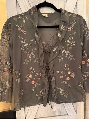 J.Jill Olive Green Sheer Floral Embroidered Ruffle Tie-Front Blouse/shrug Sz S/M